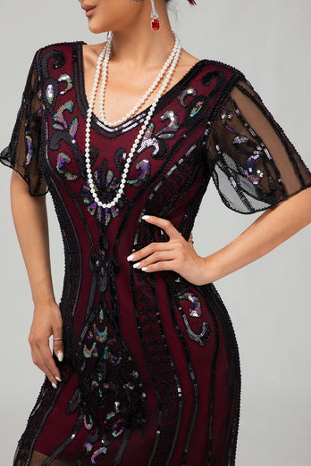 Sparkly Black Golden Bodycon Sequins Short 1920s Dress with Sleeves