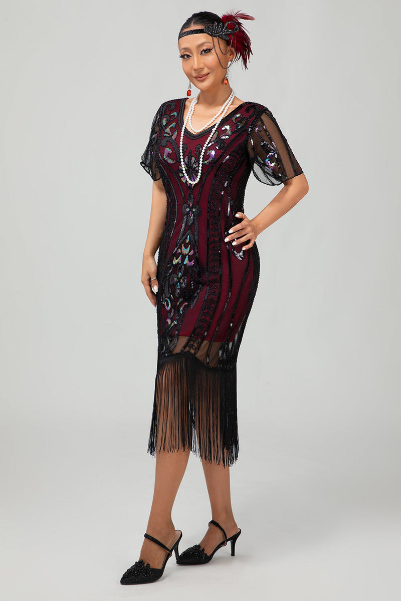 Load image into Gallery viewer, Sparkly Black Burgundy Fringed Short Sleeves 1920s Dress with Sequins