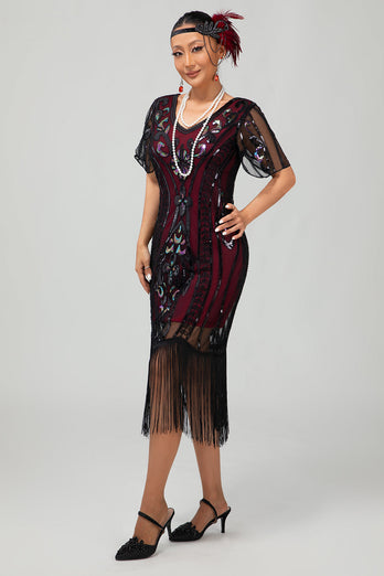 Sparkly Black Golden Bodycon Sequins Short 1920s Dress with Sleeves