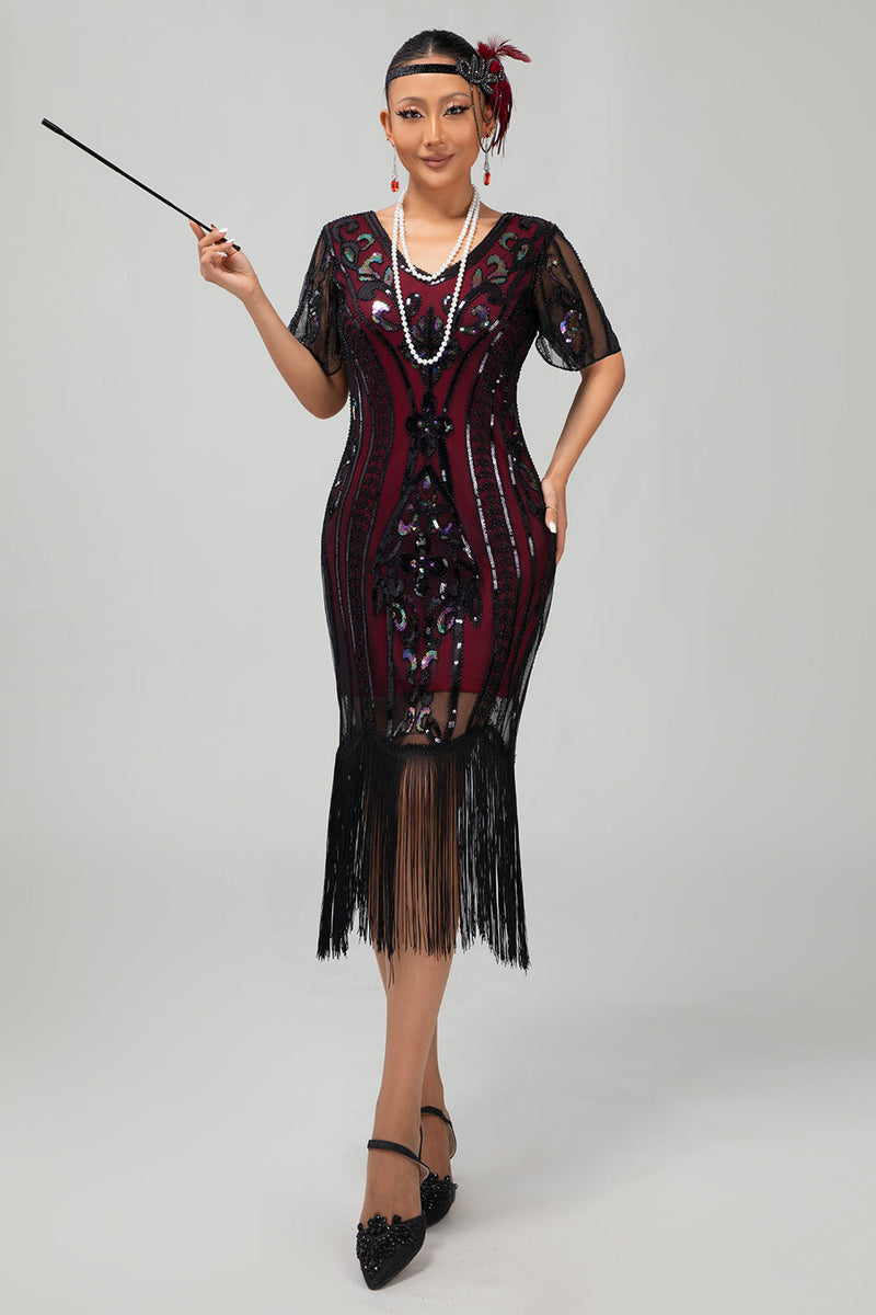 Load image into Gallery viewer, Sparkly Black Burgundy Fringed Short Sleeves 1920s Dress with Sequins