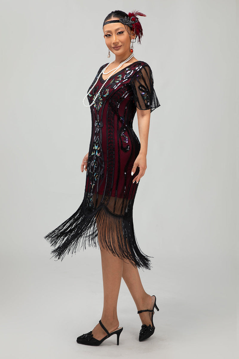 Load image into Gallery viewer, Sparkly Black Burgundy Fringed Short Sleeves 1920s Dress with Sequins