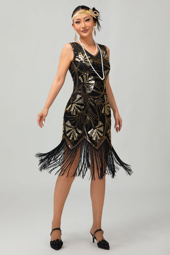 Sparkly Black Golden Sequins Fringed Flapper Dress with Fringes