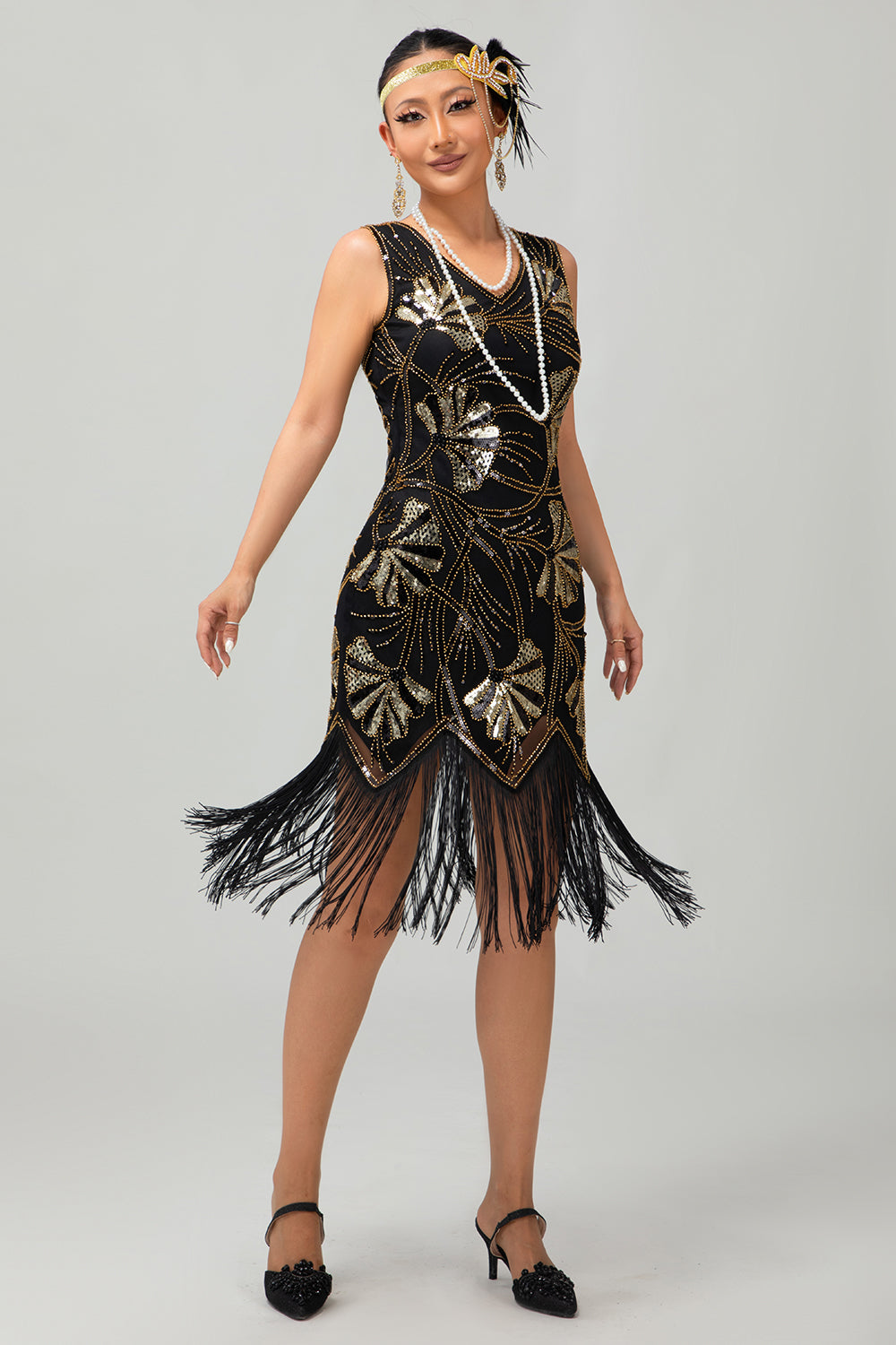 Sparkly Black Golden Sequins Fringed Flapper Dress with Fringes