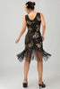 Load image into Gallery viewer, Sparkly Black Golden Sequins Fringed Flapper Dress with Fringes
