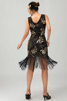 Load image into Gallery viewer, Sparkly Black Golden Sequins Fringed Flapper Dress with Fringes