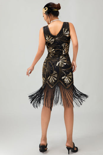 Sparkly Red Gold Fringed Short 1920s Dress with Sequins