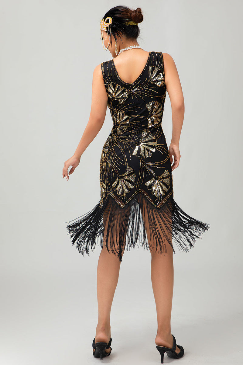 Load image into Gallery viewer, Sparkly Red Gold Fringed Short 1920s Dress with Sequins