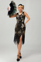 Load image into Gallery viewer, Sparkly Black Golden Sequins Fringed Flapper Dress with Fringes