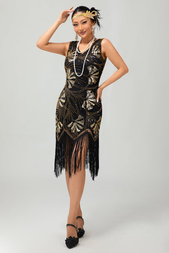 Sparkly Red Gold Fringed Short 1920s Dress with Sequins