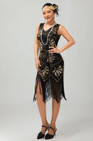 Load image into Gallery viewer, Sparkly Black Golden Sequins Fringed Flapper Dress with Fringes