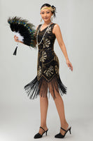Load image into Gallery viewer, Sparkly Black Golden Sequins Fringed Flapper Dress with Fringes