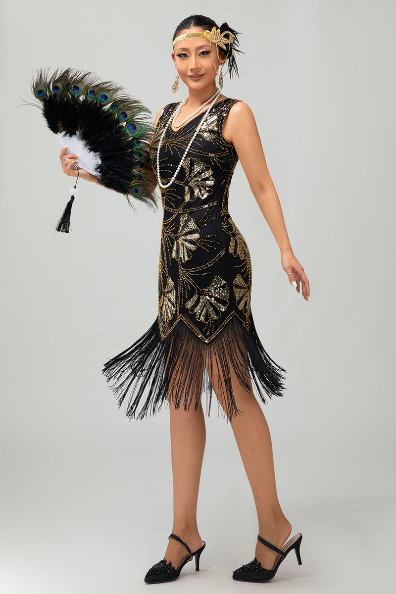 Load image into Gallery viewer, Sparkly Red Gold Fringed Short 1920s Dress with Sequins