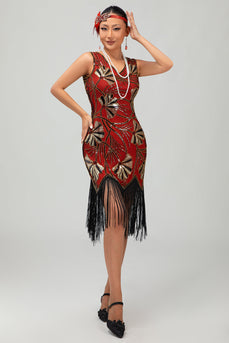 Sparkly Black Golden Sequins Fringed Flapper Dress with Fringes