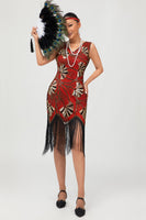 Load image into Gallery viewer, Sparkly Red Gold Fringed Short 1920s Dress with Sequins