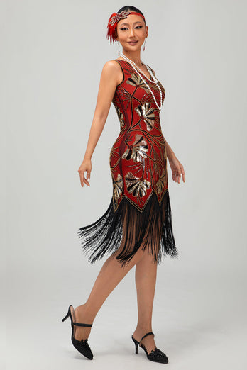 Sparkly Red Gold Fringed Short 1920s Dress with Sequins