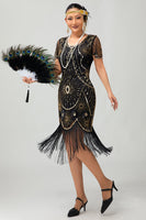Load image into Gallery viewer, Sparkly Black Red Fringed Sequined Short 1920s Dress with Sleeves