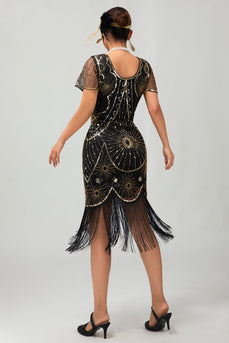 Sparkly Black Red Fringed Sequined Short 1920s Dress with Sleeves