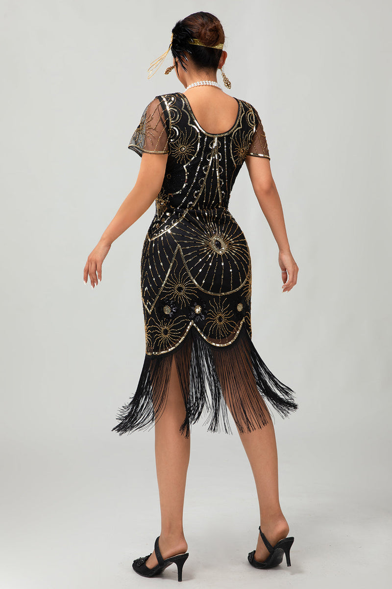 Load image into Gallery viewer, Sparkly Black Golden Sequins Scoop Neck Flapper Dress with Fringes