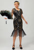 Load image into Gallery viewer, Sparkly Black Golden Sequins Scoop Neck Flapper Dress with Fringes