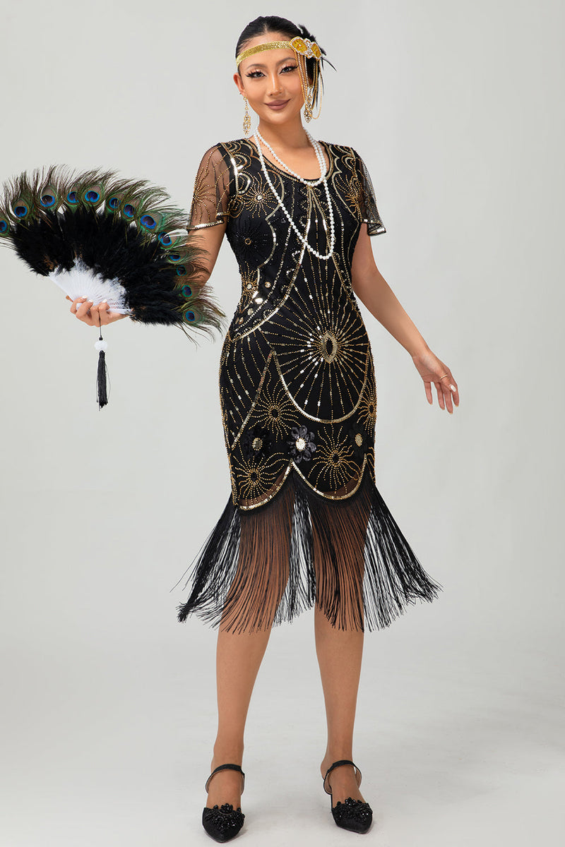 Load image into Gallery viewer, Sparkly Black Golden Sequins Scoop Neck Flapper Dress with Fringes