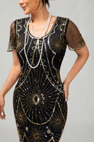 Load image into Gallery viewer, Sparkly Black Golden Sequins Scoop Neck Flapper Dress with Fringes