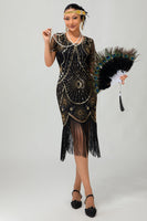 Load image into Gallery viewer, Sparkly Black Golden Sequins Scoop Neck Flapper Dress with Fringes