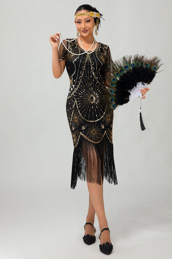 Sparkly Black Golden Sequins Scoop Neck Flapper Dress with Fringes