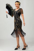 Load image into Gallery viewer, Sparkly Black Golden Sequins Scoop Neck Flapper Dress with Fringes