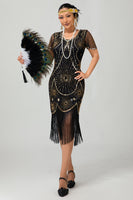 Load image into Gallery viewer, Sparkly Black Red Fringed Sequined Short 1920s Dress with Sleeves