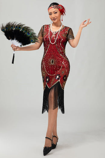 Sparkly Black Red Fringed Sequined Short 1920s Dress with Sleeves