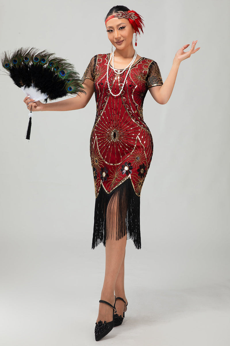 Load image into Gallery viewer, Sparkly Black Golden Sequins Scoop Neck Flapper Dress with Fringes