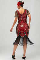 Load image into Gallery viewer, Sparkly Black Red Fringed Sequined Short 1920s Dress with Sleeves