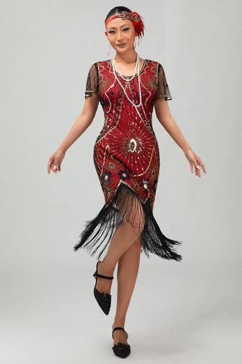 Sparkly Black Red Fringed Sequined Short 1920s Dress with Sleeves