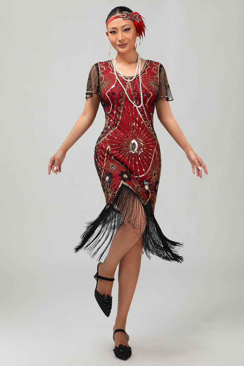Load image into Gallery viewer, Sparkly Black Red Fringed Sequined Short 1920s Dress with Sleeves