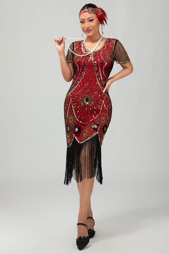Sparkly Black Golden Sequins Scoop Neck Flapper Dress with Fringes