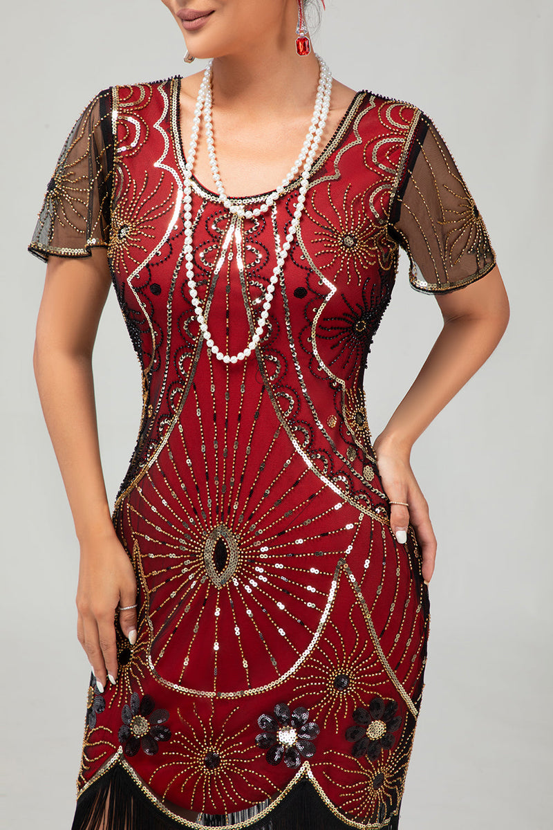Load image into Gallery viewer, Sparkly Black Golden Sequins Scoop Neck Flapper Dress with Fringes