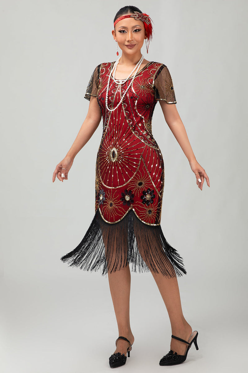Load image into Gallery viewer, Sparkly Black Golden Sequins Scoop Neck Flapper Dress with Fringes