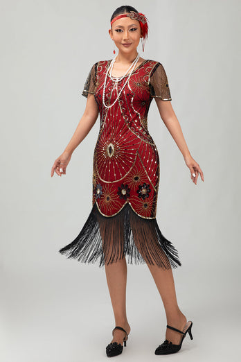 Sparkly Black Red Fringed Sequined Short 1920s Dress with Sleeves