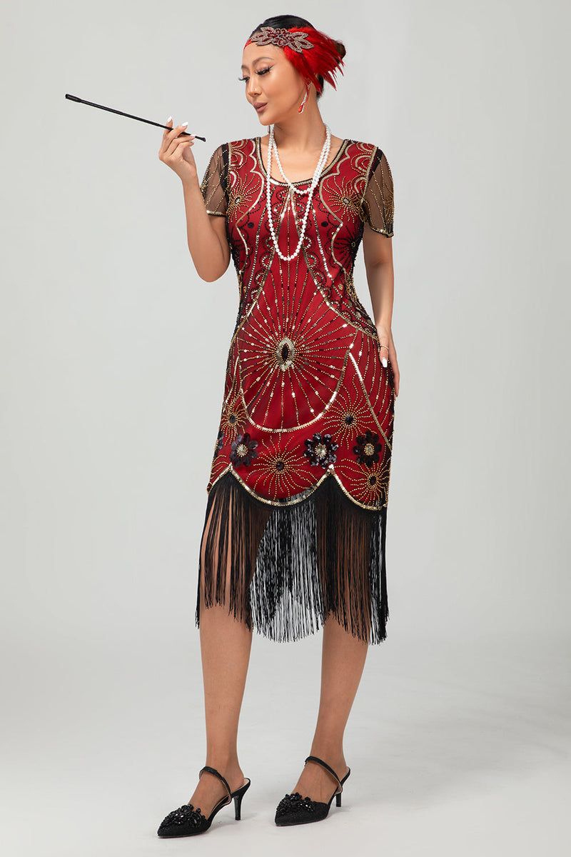 Load image into Gallery viewer, Sparkly Black Red Fringed Sequined Short 1920s Dress with Sleeves