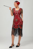 Load image into Gallery viewer, Sparkly Black Golden Sequins Scoop Neck Flapper Dress with Fringes