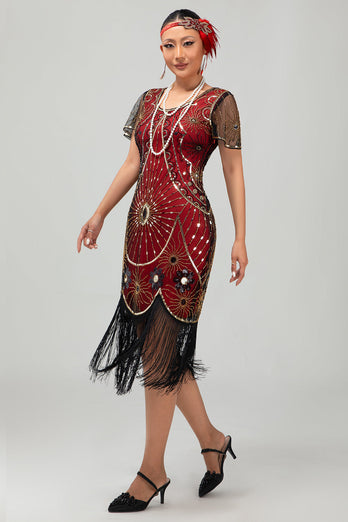 Sparkly Black Golden Sequins Scoop Neck Flapper Dress with Fringes
