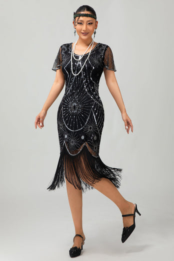 Sparkly Black Red Fringed Bodycon Short 1920s Dress with Sleeves
