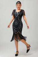 Load image into Gallery viewer, Sparkly Black Red Fringed Sequined Short 1920s Dress with Sleeves
