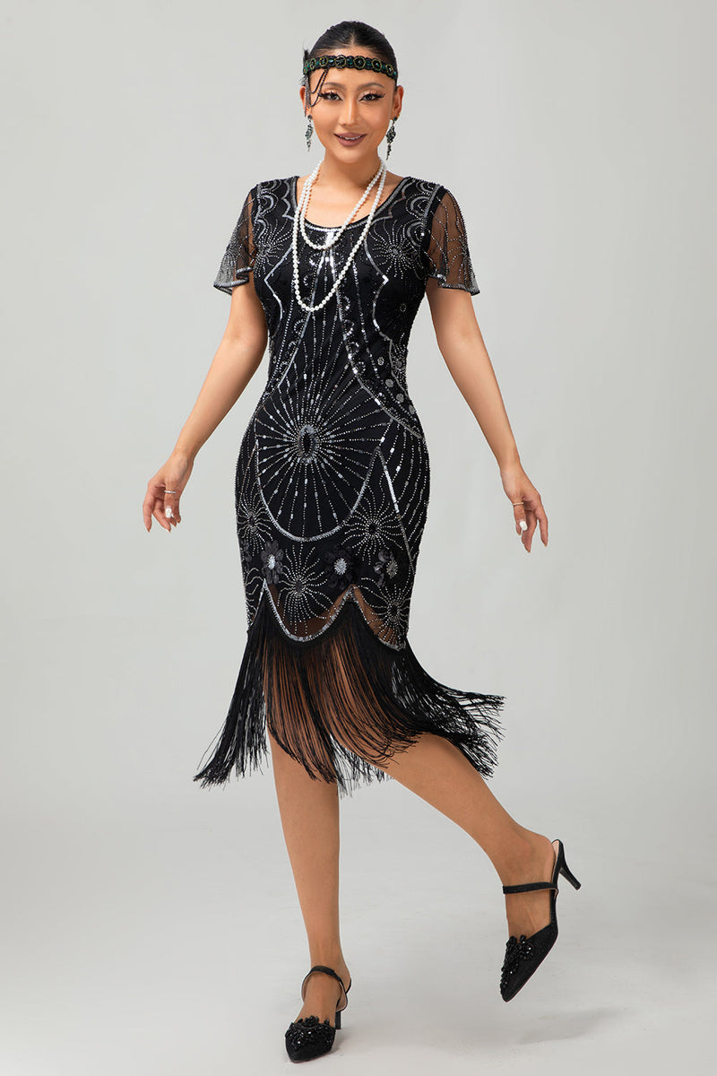 Load image into Gallery viewer, Sparkly Black Golden Sequins Fringed Flapper Dress with Sleeves
