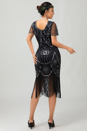 Sparkly Black Red Fringed Sequined Short 1920s Dress with Sleeves