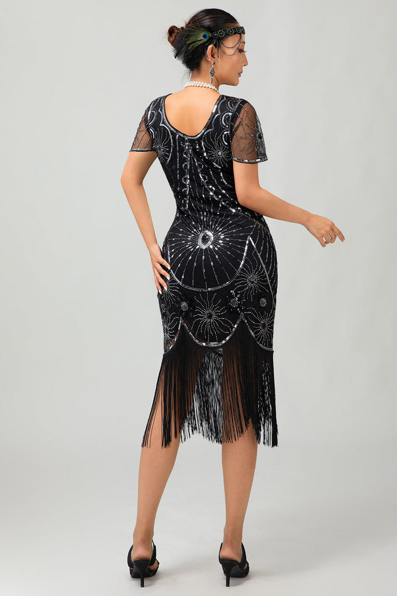 Load image into Gallery viewer, Sparkly Black Golden Sequins Scoop Neck Flapper Dress with Fringes