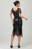 Load image into Gallery viewer, Sparkly Black Golden Sequins Fringed Flapper Dress with Sleeves