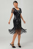 Load image into Gallery viewer, Sparkly Black Golden Sequins Scoop Neck Flapper Dress with Fringes