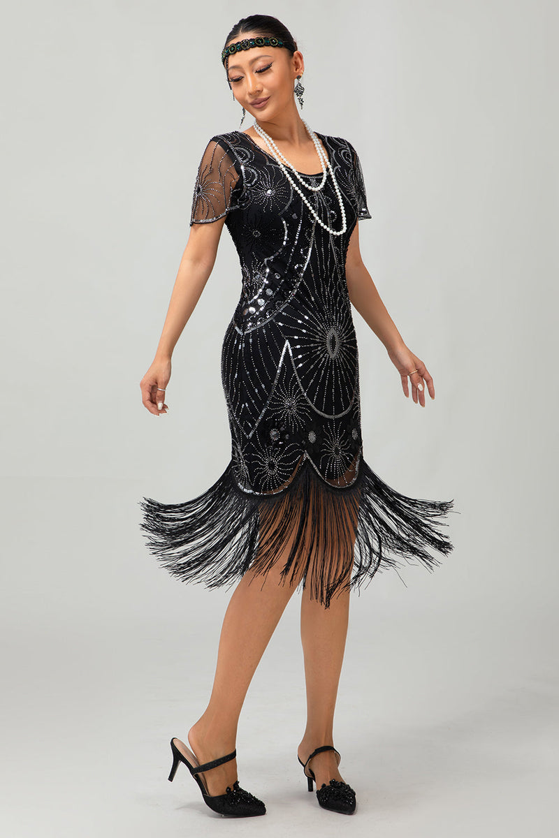 Load image into Gallery viewer, Sparkly Black Golden Sequins Fringed Flapper Dress with Sleeves