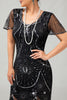 Load image into Gallery viewer, Sparkly Black Golden Sequins Scoop Neck Flapper Dress with Fringes